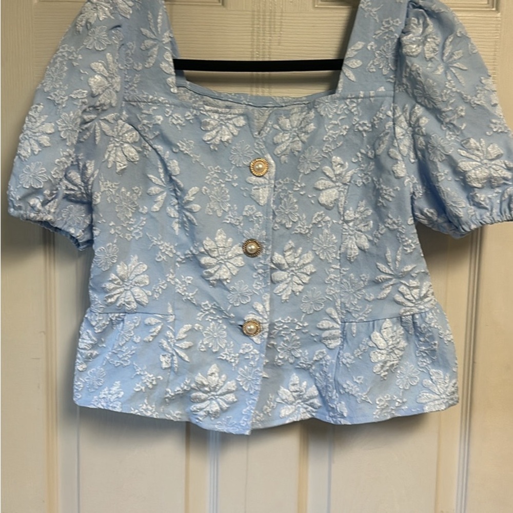 Blue Puff Sleeve Peplum Blouse